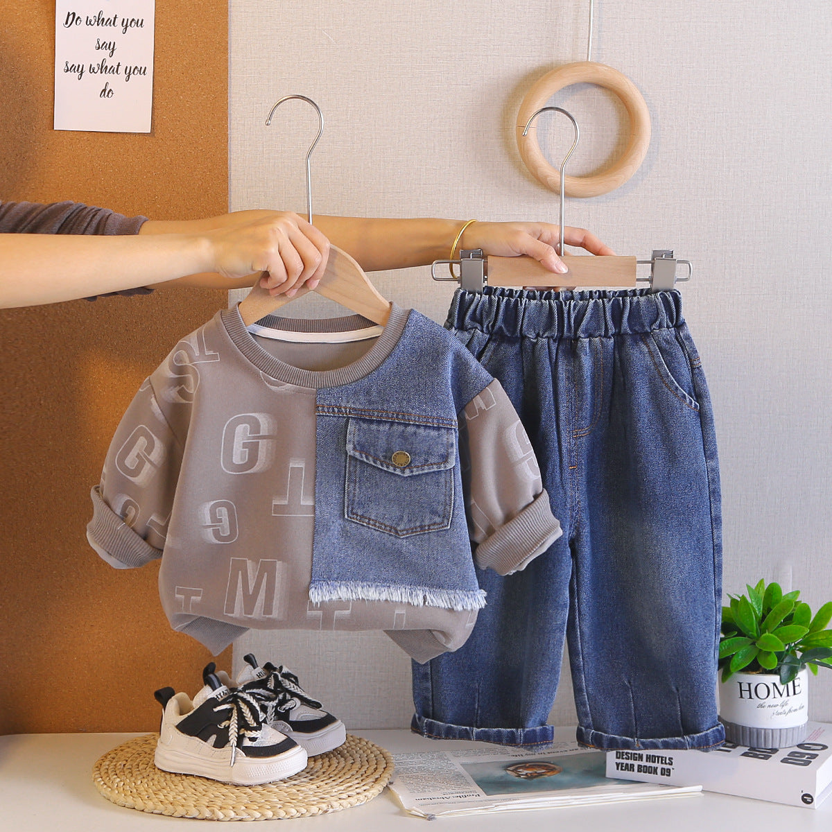 Spring and Autumn Round Neck Hoodie Two Piece Set for Baby Leisure by eprolo