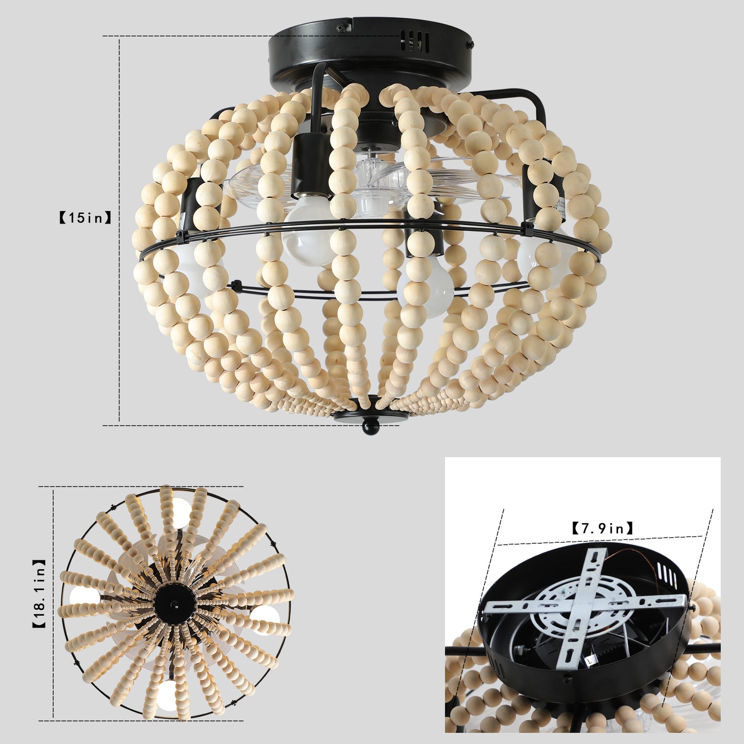 Beaded Fan lamp Wood Beaded Chandelier Oak White by eprolo