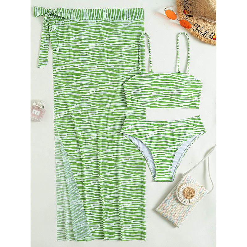 Sexy Striped Bikini Three-Piece Swimwear Set with Beach Dress by eprolo