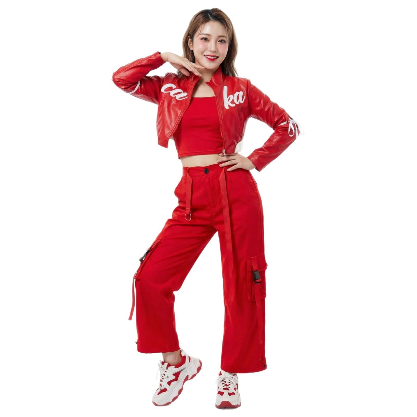 Red Trendy Jazz Hip-Hop Dance Performance Outfit, Girl Group Style Cheerleading Stage Costume Set by eprolo