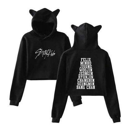 Kpop StrayKids Member Name Print Sexy Cropped Hoodies Women Kawaii Cat Ears Pullovers Kpop StrayKids Crop Tops Women