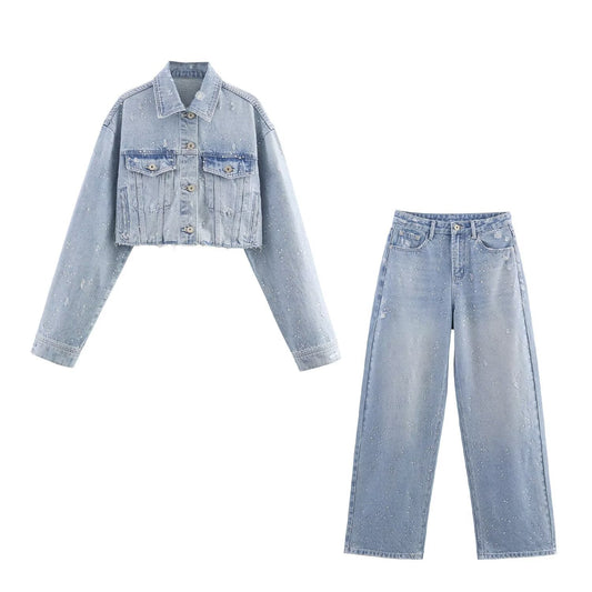 Water drill short denim jacket+pants set by eprolo