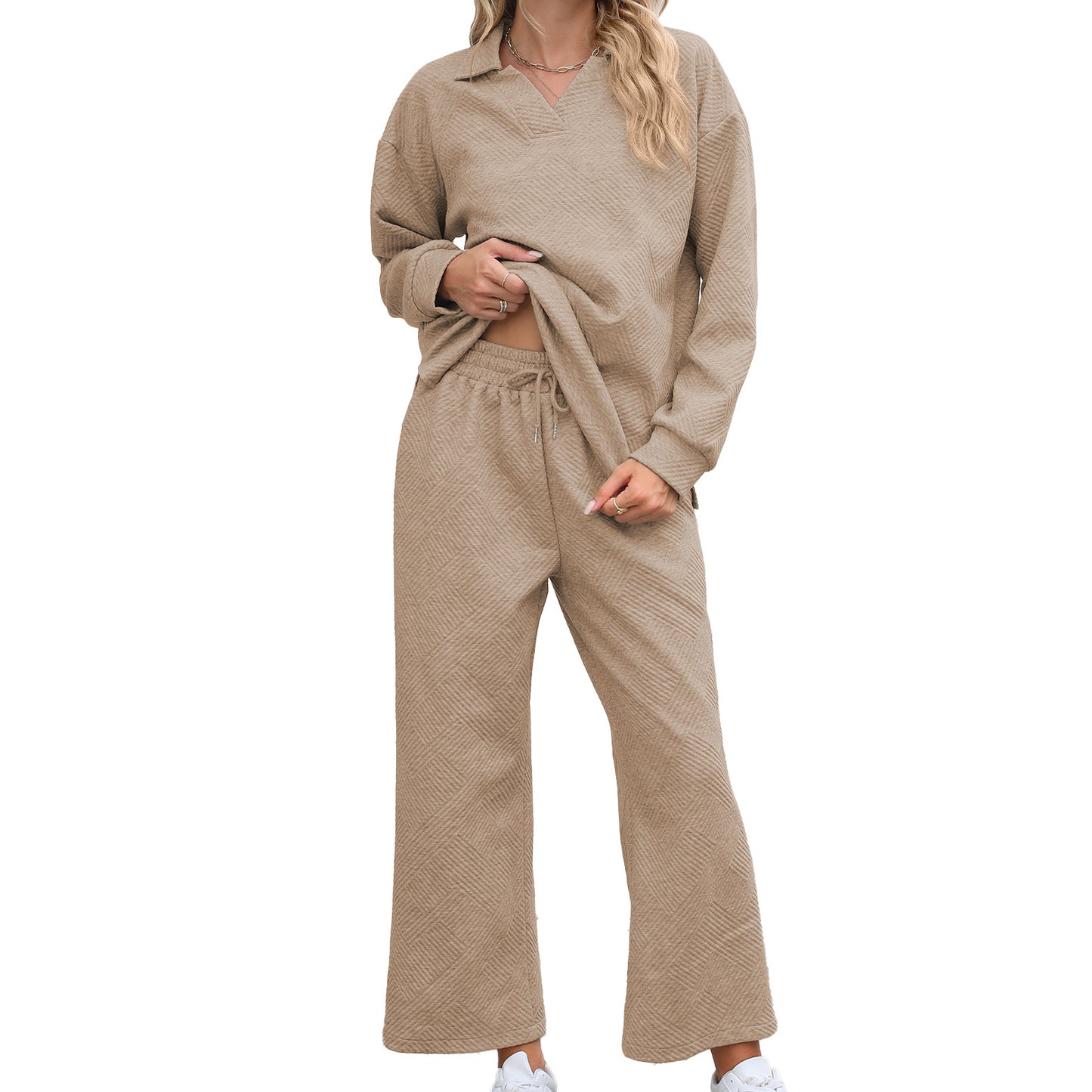 Solid Color Turn-down Collar Long Sleeve Hoodie with Elastic Waist Pants Set by eprolo