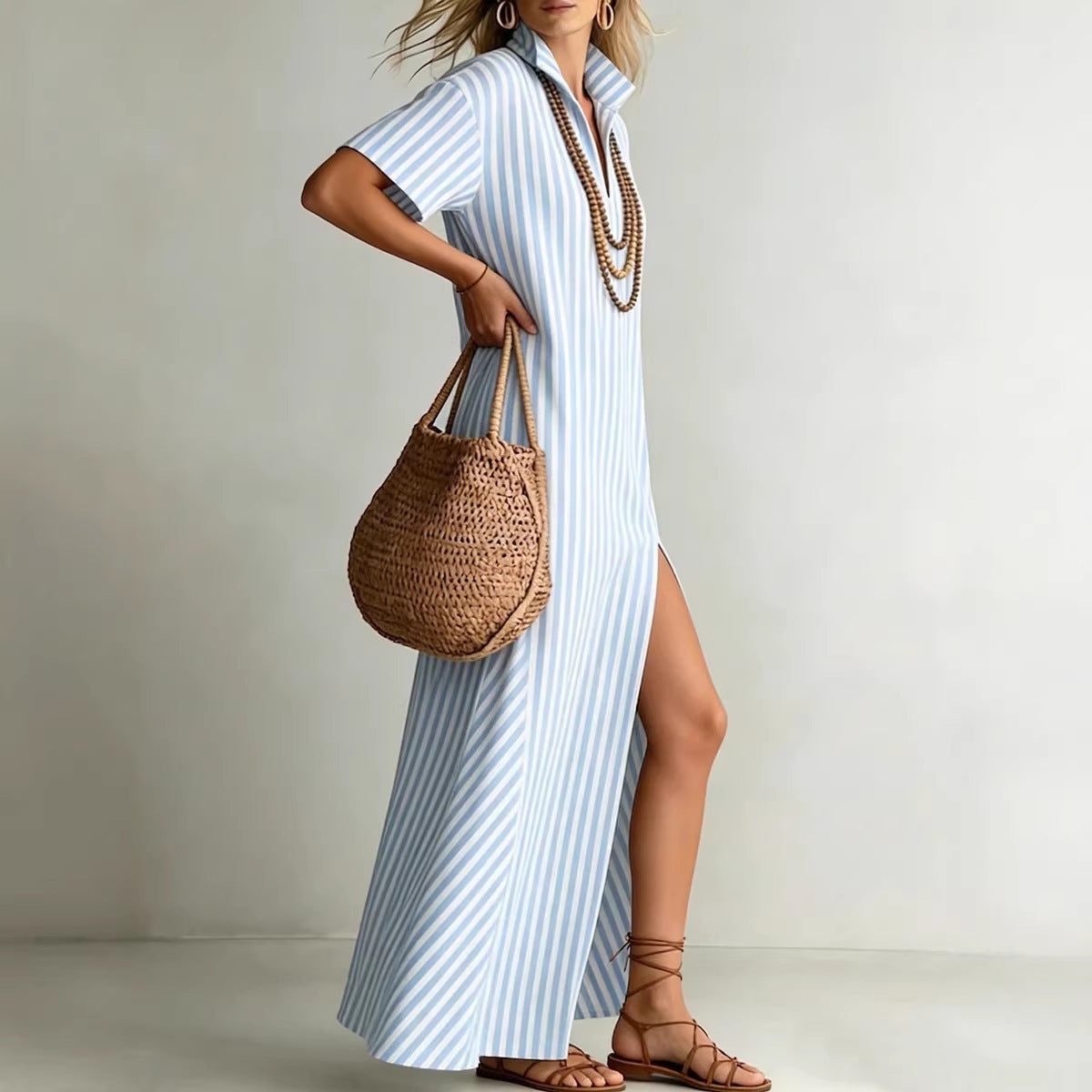 V-neck short sleeved striped split cotton linen dress by eprolo