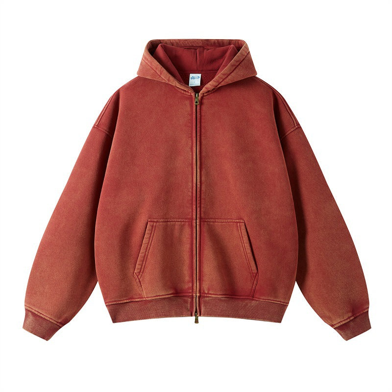 Solid color distressed fleece hoodie loose and versatile washed zipper sweatshirt for men by eprolo