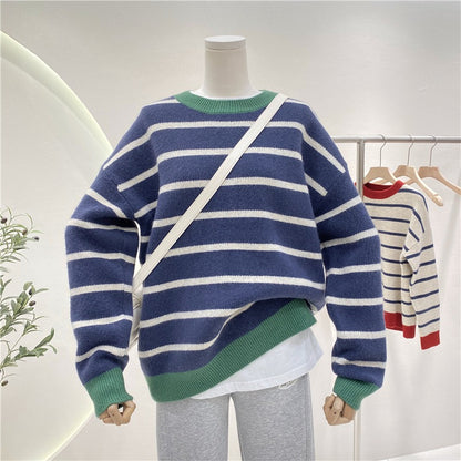 Autumn And Winter New Ladies Loose Collision Color Round Neck Knitted Tunic Simple Striped Pullover Sweater