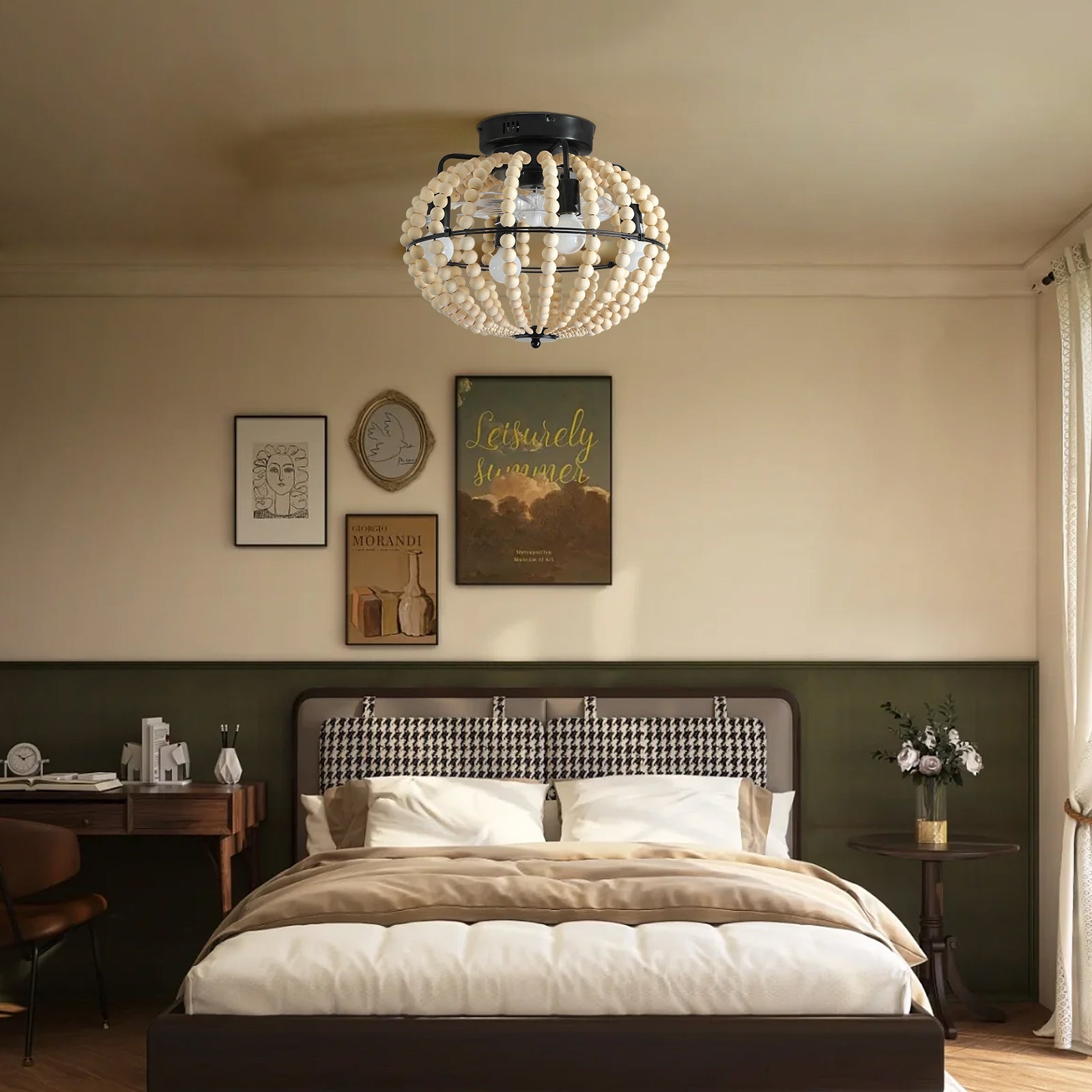 Beaded Fan lamp Wood Beaded Chandelier Oak White by eprolo