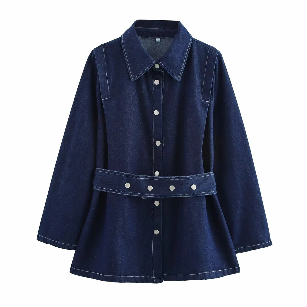 Belted Turn-Down Collar Denim Jacket Pants Set