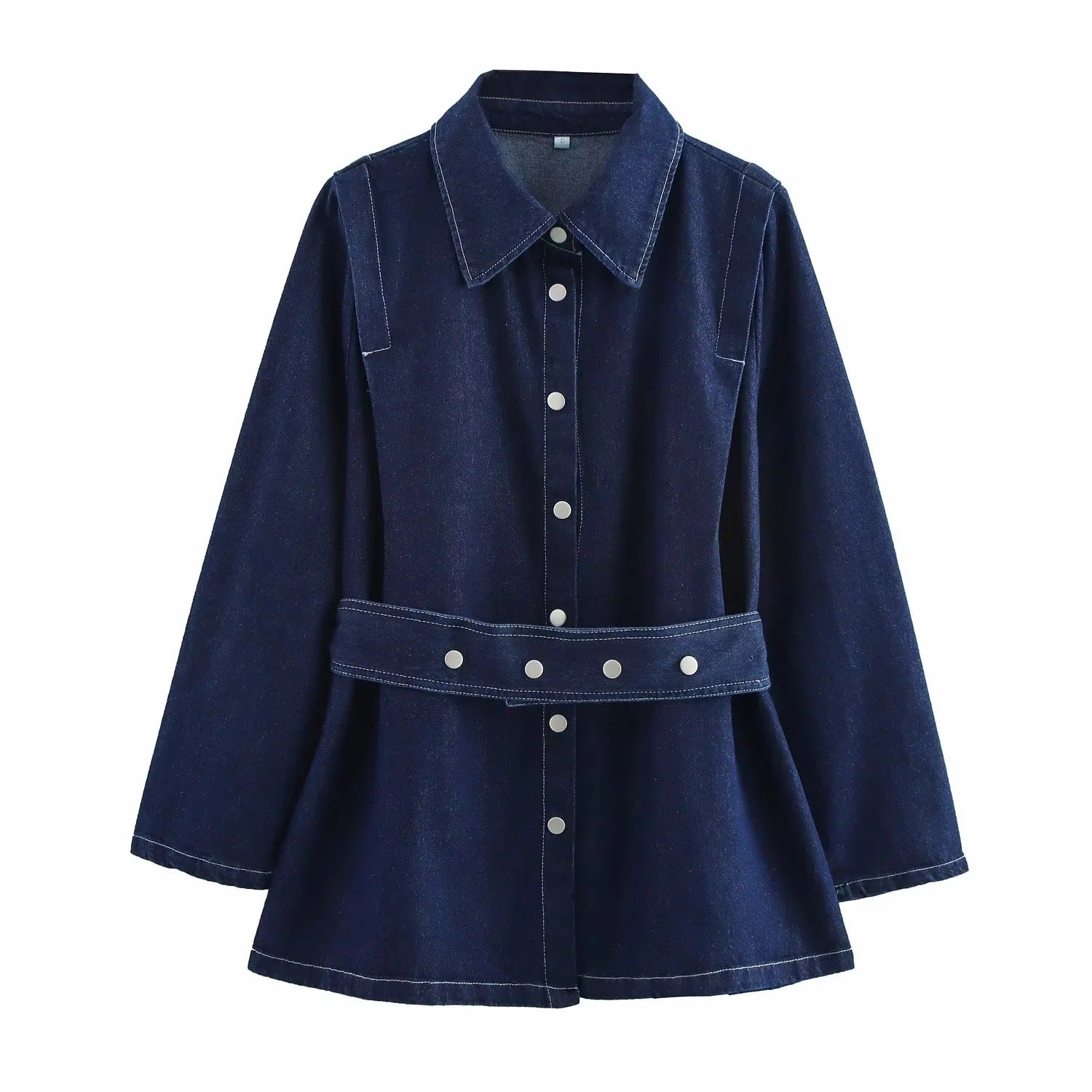 Belted Turn-Down Collar Denim Jacket Pants Set