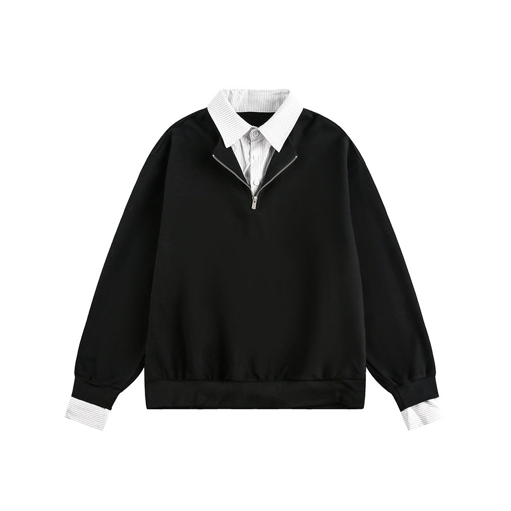 Checkered Spliced Mock Two-Piece Old Money Style Polo Neck Pullover Hoodie by eprolo
