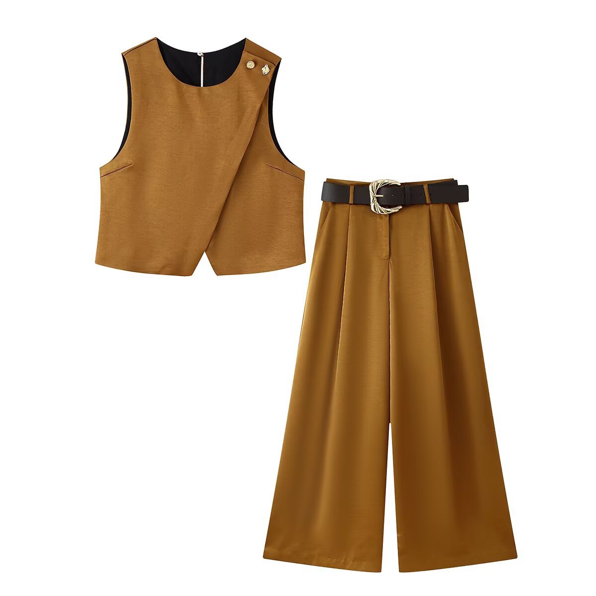 Double breasted silk top+straight leg pants set