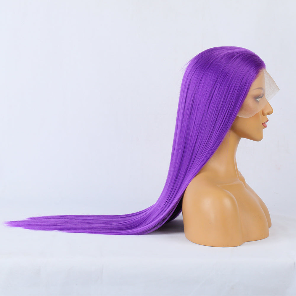 Natural Transition Wig Purple Chemical Fiber Front Lace Long Straight Hair Matte High Temperature Silk Headgear