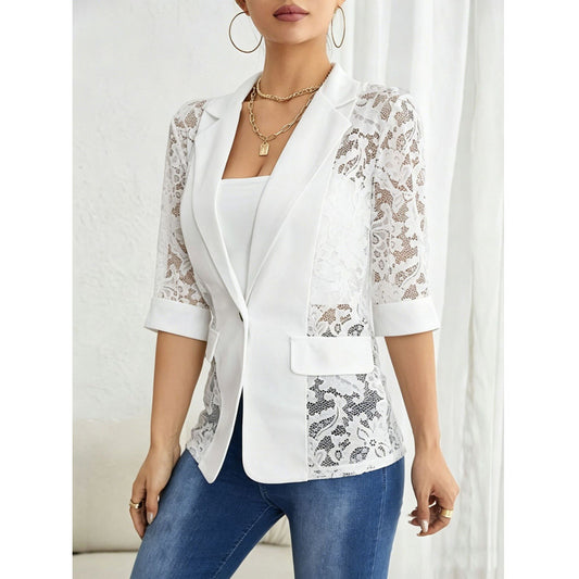 Solid color lace patchwork small suit jacket for women's top by eprolo