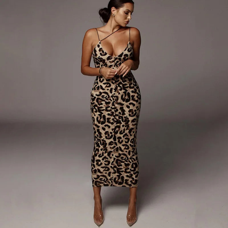 leopard print sleeveless V-neck midi dress spring women fashion streetwear by DERILUJA LLC