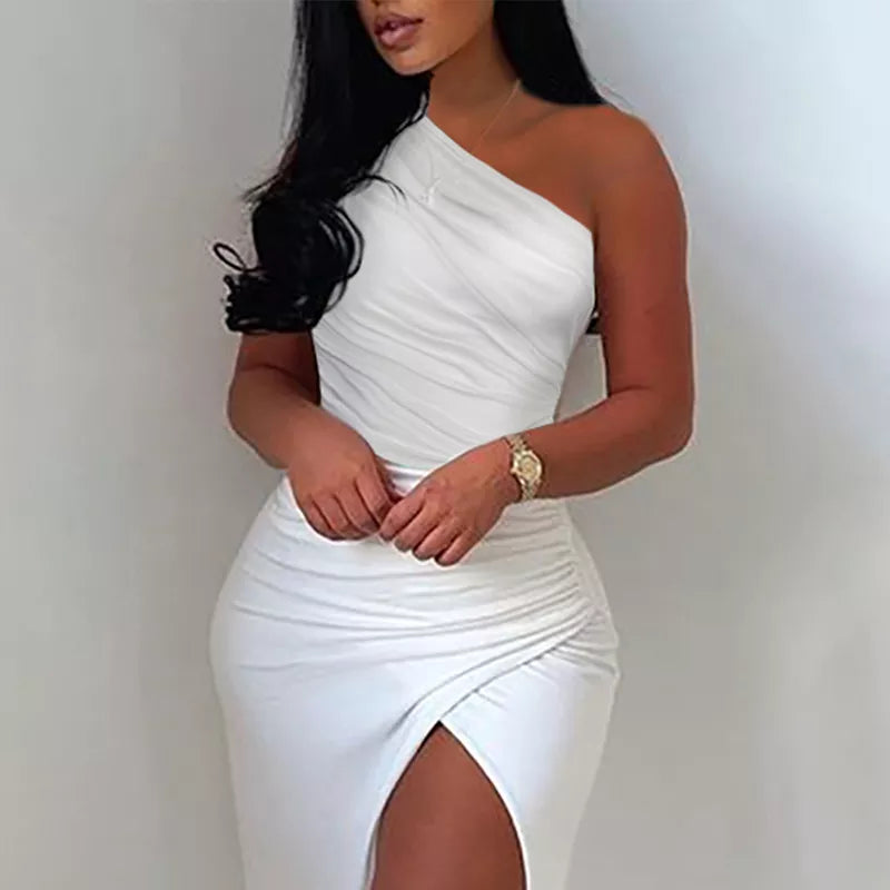 Summer Elegant Solid One Shoulder High Split Thigh Ruched Maxi Floor Dress White Sexy Corset Asymmetric Party Robes Female dan
