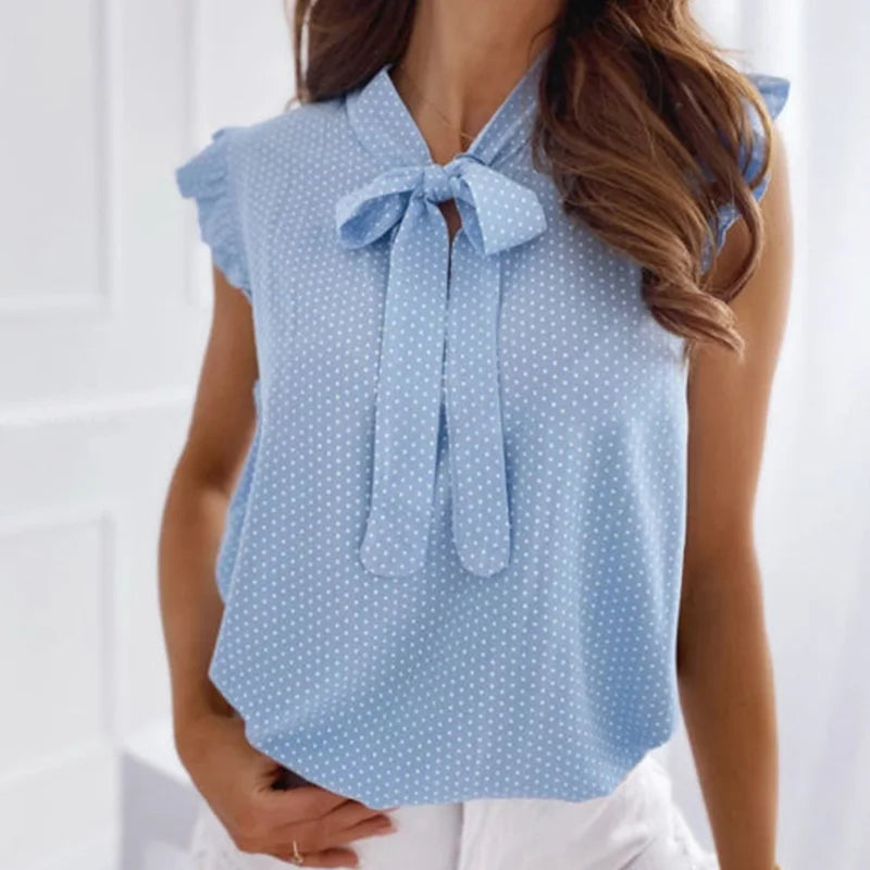 Women Summer Elegant Ruffles Sleeveless Polka Pot Lace Up Tie Bow Blouses and Shirts Casual Oversize Tops Pullover Tunic 2026 by DERILUJA LLC