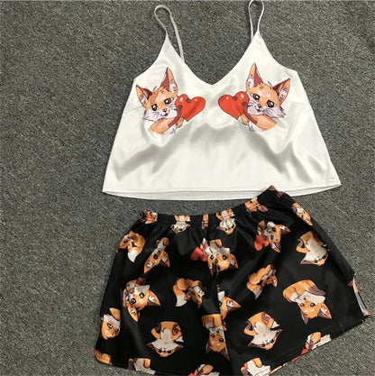 Animal Cartoon Print Lovely Sleepwear Home Suit Summer V Neck Sexy Pyjamas Women Spaghetti Strap Loose Pijama Satin Femme Cat