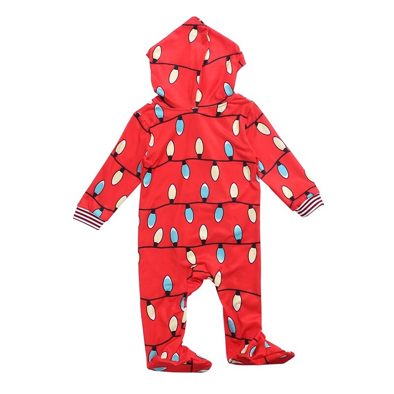 Christmas Pajamas Onesis Parent-Child Matching Sleepwear Jumpsuit String Lights Pattern Zipper Xmas Romper with Hood for Family