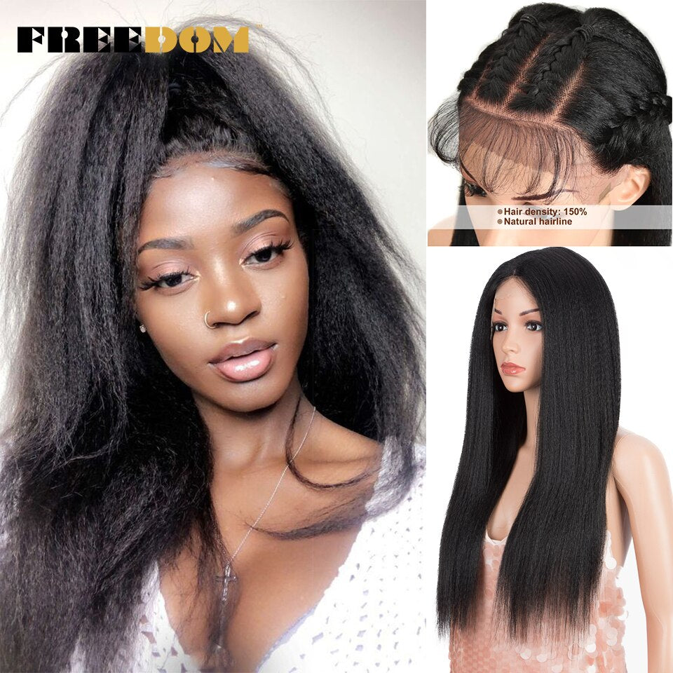 FREEDOM Synthetic Lace Front Wigs For Black Women Yaki Straight Long 26inch perruque Lace Wig Baby Hair Heat Resistant Fiber