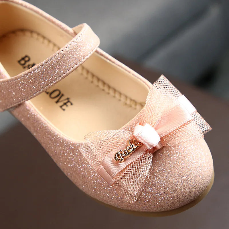 Kids Flats For Girls Shoes Toddlers Little Girl Children Dress Shoes Glitter Leather With Lace Bow-knot Princess Wedding Shoes by DERILUJA LLC