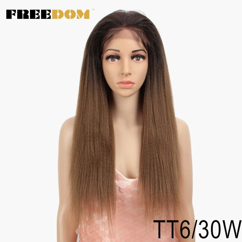 FREEDOM Synthetic Lace Front Wigs For Black Women Yaki Straight Long 26inch perruque Lace Wig Baby Hair Heat Resistant Fiber