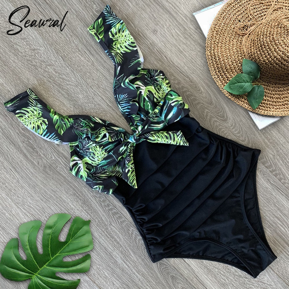 2023 Sexy New Ruffle One Piece Swimsuit Off The Shoulder Swimwear Women Swimsuit Deep-V Bathing Suits Beach Wear Swim Suit