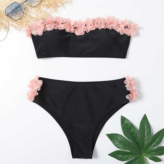 Cute Women Flower Bikini Swimsuit Black Ruffle Hem Strapless Brief Bikini Two Piece Female Sexy Mid Waist Swimwear Bathing Suit