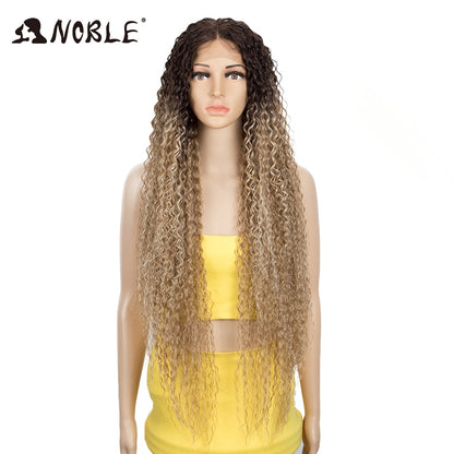 Noble Synthetic Lace Wigs For Women Long Part 38 Inch Long Curly Ombre Blonde Wig With Dark Roots Wavy Heat Resistant Lace Wig