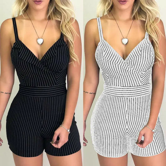 Summer Sexy Women Spaghetti Strap V-neck Striped Playsuit Jumpsuit Romper Beach Casual Female Loose Sleeveless Jumpsuits  202&