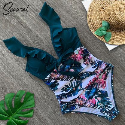 2023 Sexy New Ruffle One Piece Swimsuit Off The Shoulder Swimwear Women Swimsuit Deep-V Bathing Suits Beach Wear Swim Suit