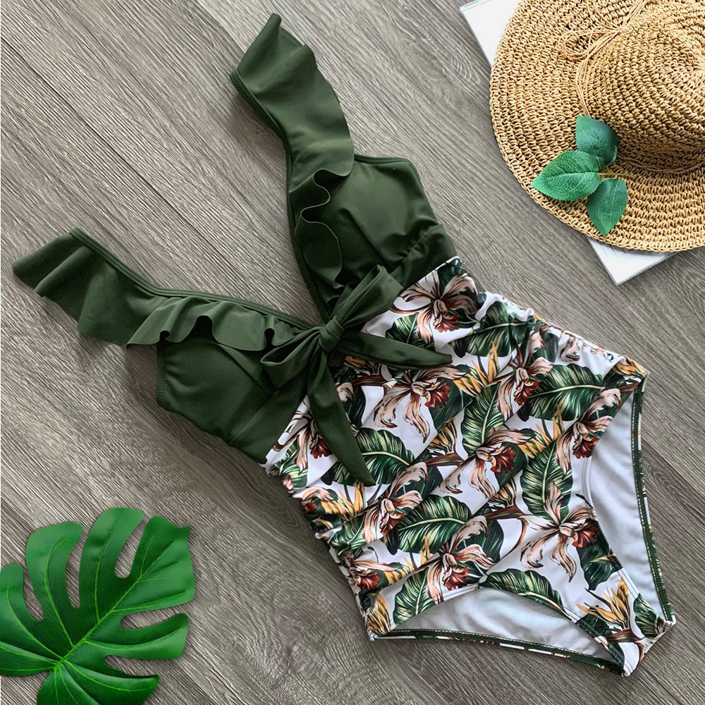 2023 Sexy New Ruffle One Piece Swimsuit Off The Shoulder Swimwear Women Swimsuit Deep-V Bathing Suits Beach Wear Swim Suit