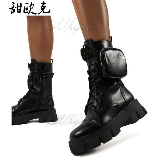 Women Pocket Boot Lace Up Ladies Ankle Boots Female Buckle Strap Black Chunky Sole Pouch Ankle Boots Woman Platform Shoe Fashion