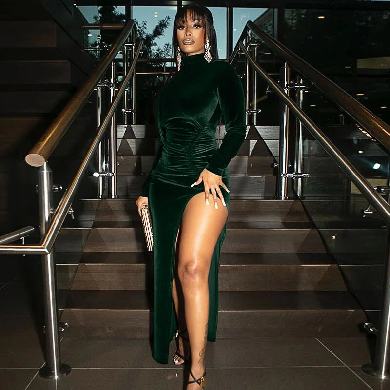 Women Solid Velvet Long Sleeve Ruched Midi Dress Side Slit Bodycon Streetwear Party Elegant Club by DERILUJA LLC