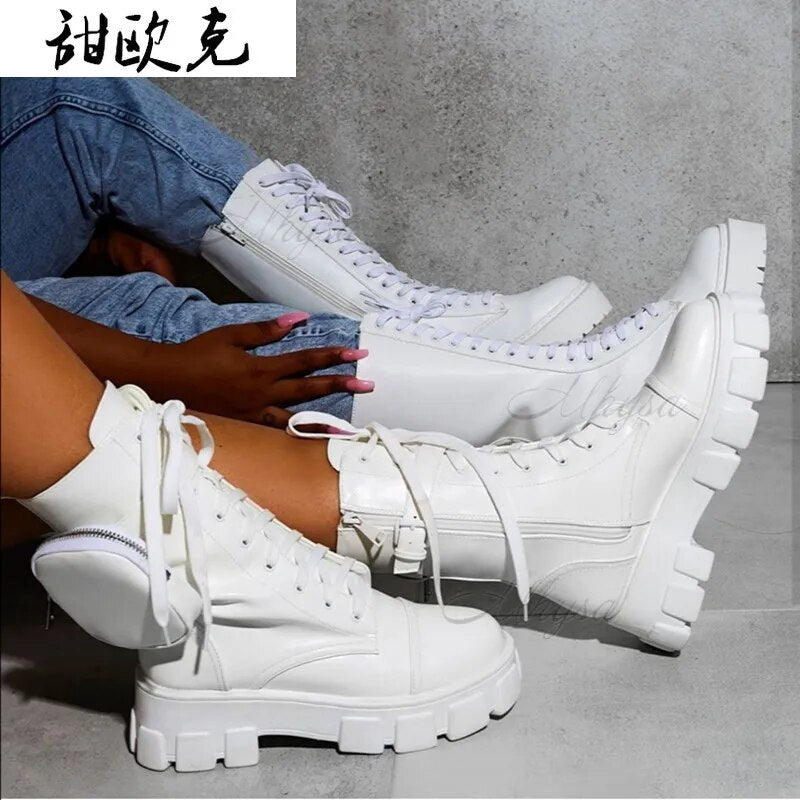 Women Pocket Boot Lace Up Ladies Ankle Boots Female Buckle Strap Black Chunky Sole Pouch Ankle Boots Woman Platform Shoe Fashion
