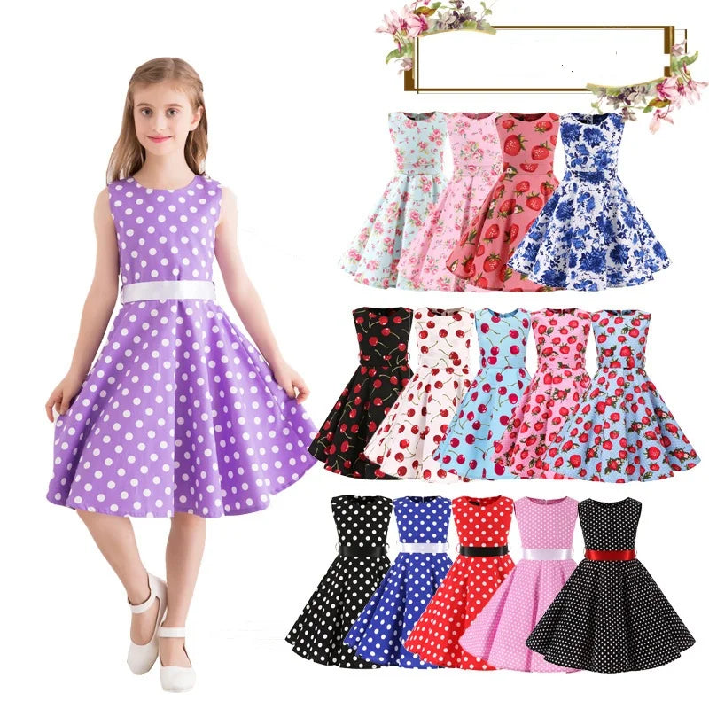 Polka Dot Vintage Kids 1950s Swing Dress Flower Floral Midi Dress Cotton Summer Dress Baby Girl by DERILUJA LLC