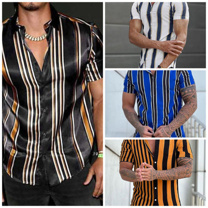 Summer New Men's Clothing Casual Men Stripes Printed Short Sleeve Turndown Collar Slim Hawaiian Shirt Cardigan Retro Trend Shirt