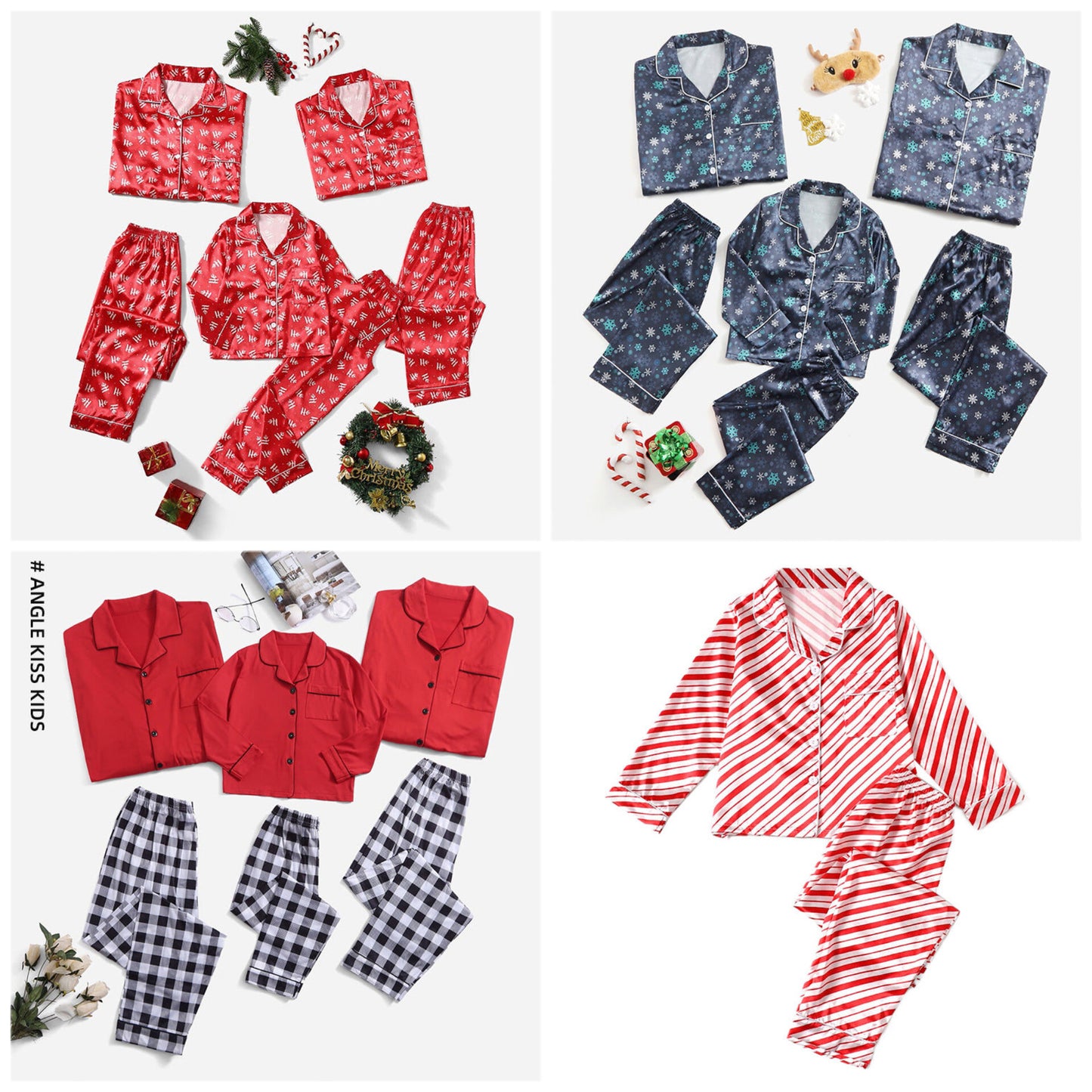 Christmas Family Wear Parent-Child Wear Solid Color Stripes Satin Simulation Silk Boys And Girls Pajamas Home Wear Set