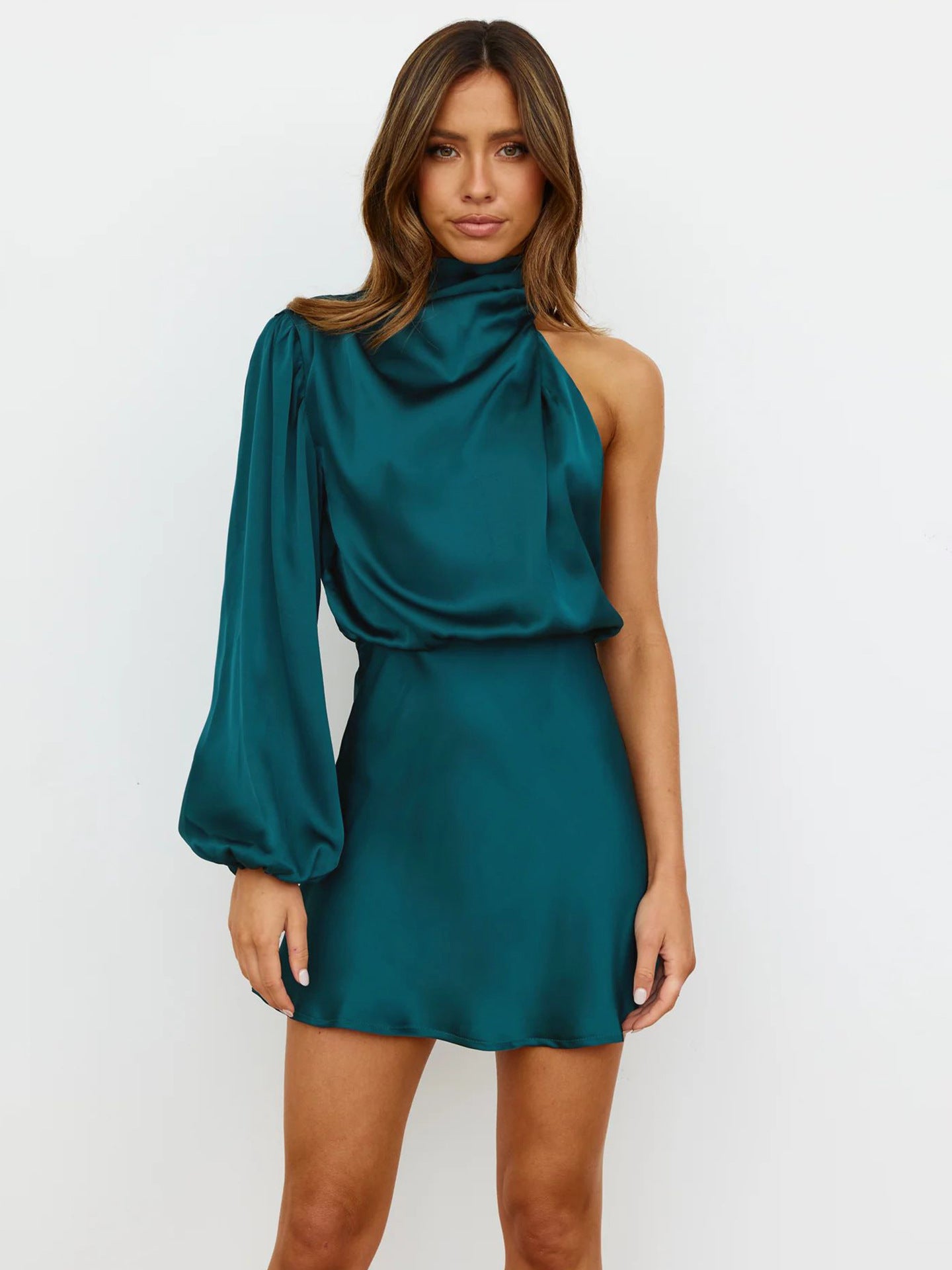 Spring 2024 Women's Satin Shoulder Long Sleeve Mini Skirt Silk Long Sleeve Crewneck Cocktail Skirt by DERILUJA LLC