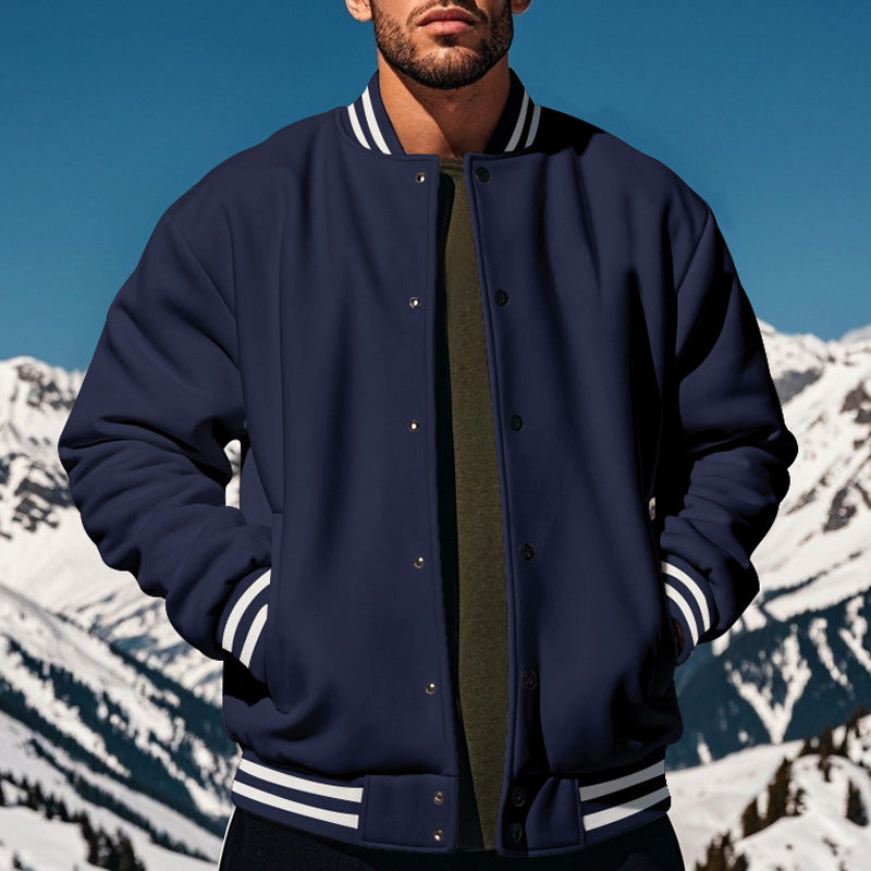 Cross-Border Men's Autumn and Winter Fleece American Retro Baseball Jacket Loose Casual Stand Collar Single-Breasted Men's Coat by DERILUJA LLC