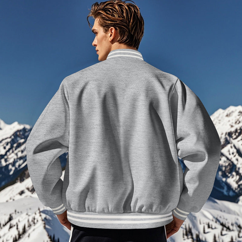 Cross-Border Men's Autumn and Winter Fleece American Retro Baseball Jacket Loose Casual Stand Collar Single-Breasted Men's Coat by DERILUJA LLC