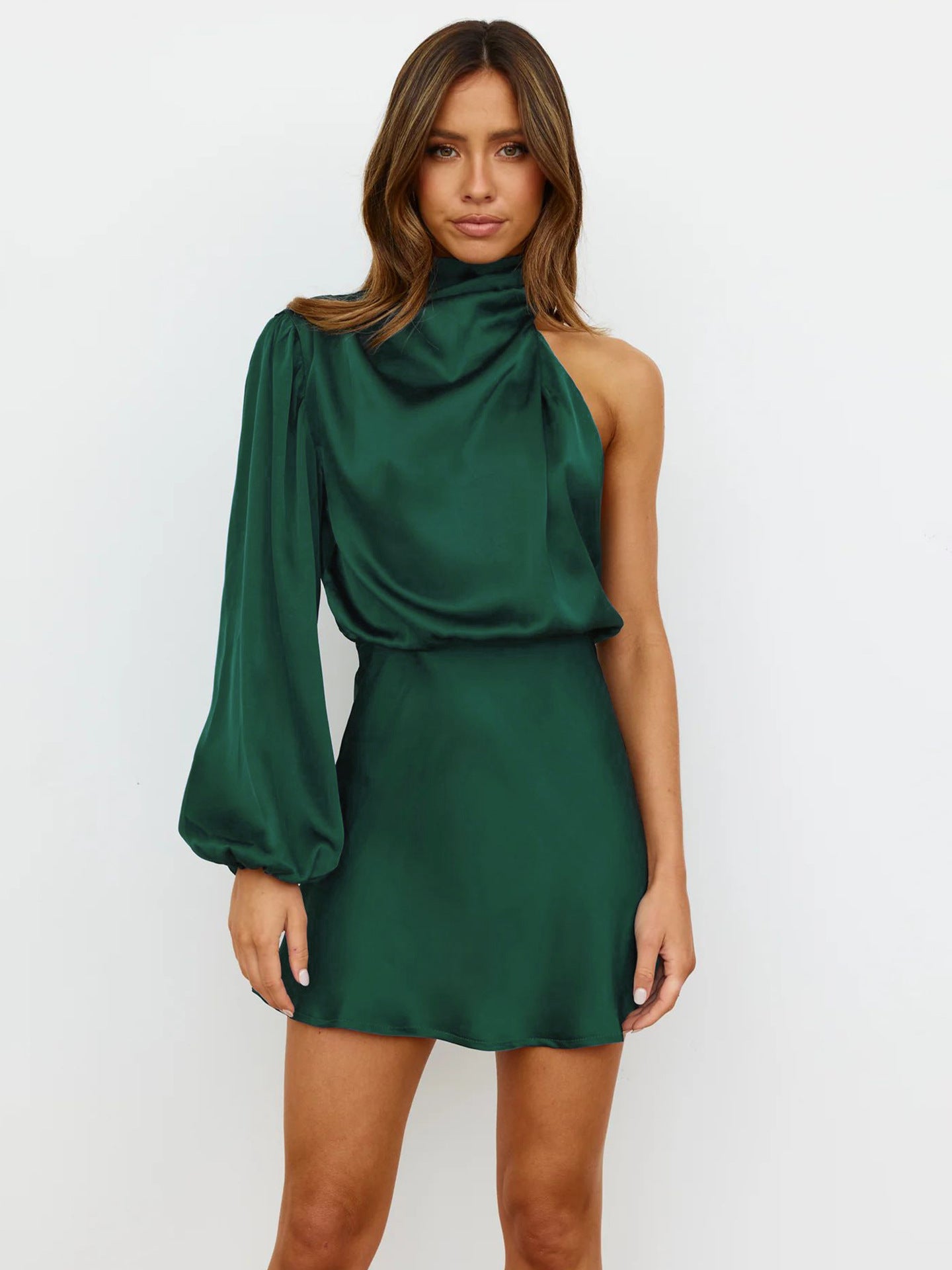 Spring 2024 Women's Satin Shoulder Long Sleeve Mini Skirt Silk Long Sleeve Crewneck Cocktail Skirt by DERILUJA LLC