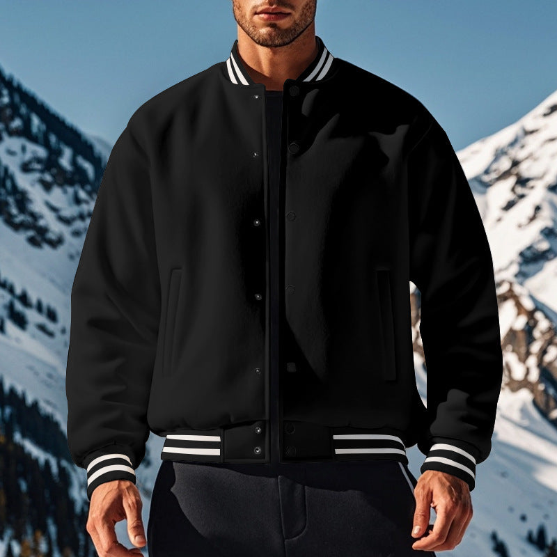 Cross-Border Men's Autumn and Winter Fleece American Retro Baseball Jacket Loose Casual Stand Collar Single-Breasted Men's Coat by DERILUJA LLC