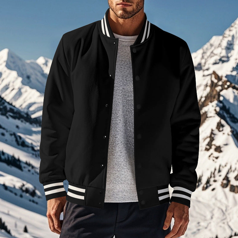 Cross-Border Men's Autumn and Winter Fleece American Retro Baseball Jacket Loose Casual Stand Collar Single-Breasted Men's Coat by DERILUJA LLC