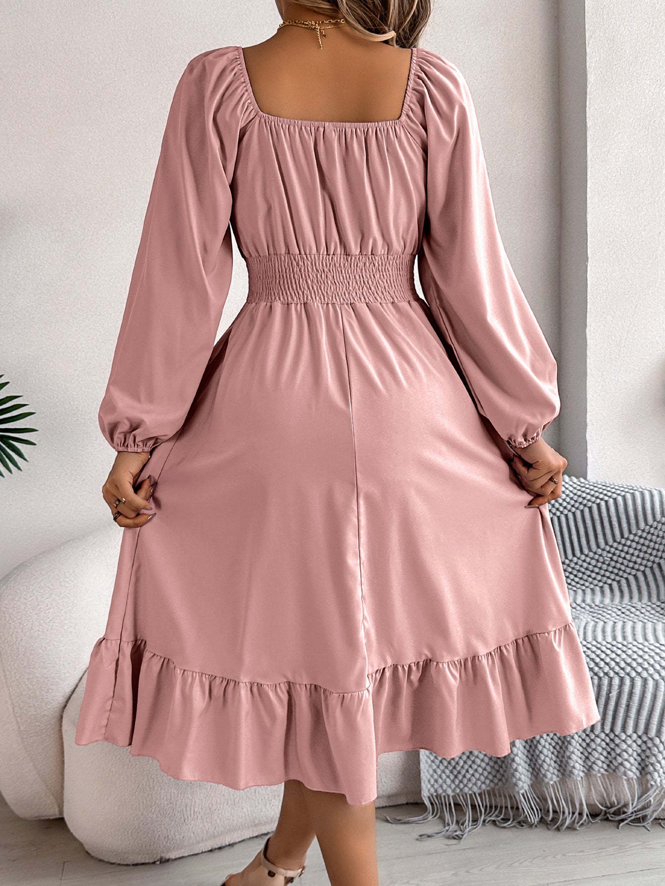 2026 Spring/Summer European and American Casual Solid Color Square Neck Long Sleeve Waist-Cinching Ruffle A-Line Dress Amazon Cross-Border Women's Clothing by DERILUJA LLC