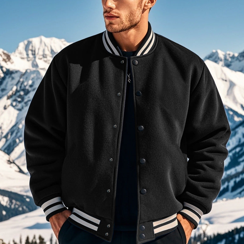Cross-Border Men's Autumn and Winter Fleece American Retro Baseball Jacket Loose Casual Stand Collar Single-Breasted Men's Coat by DERILUJA LLC