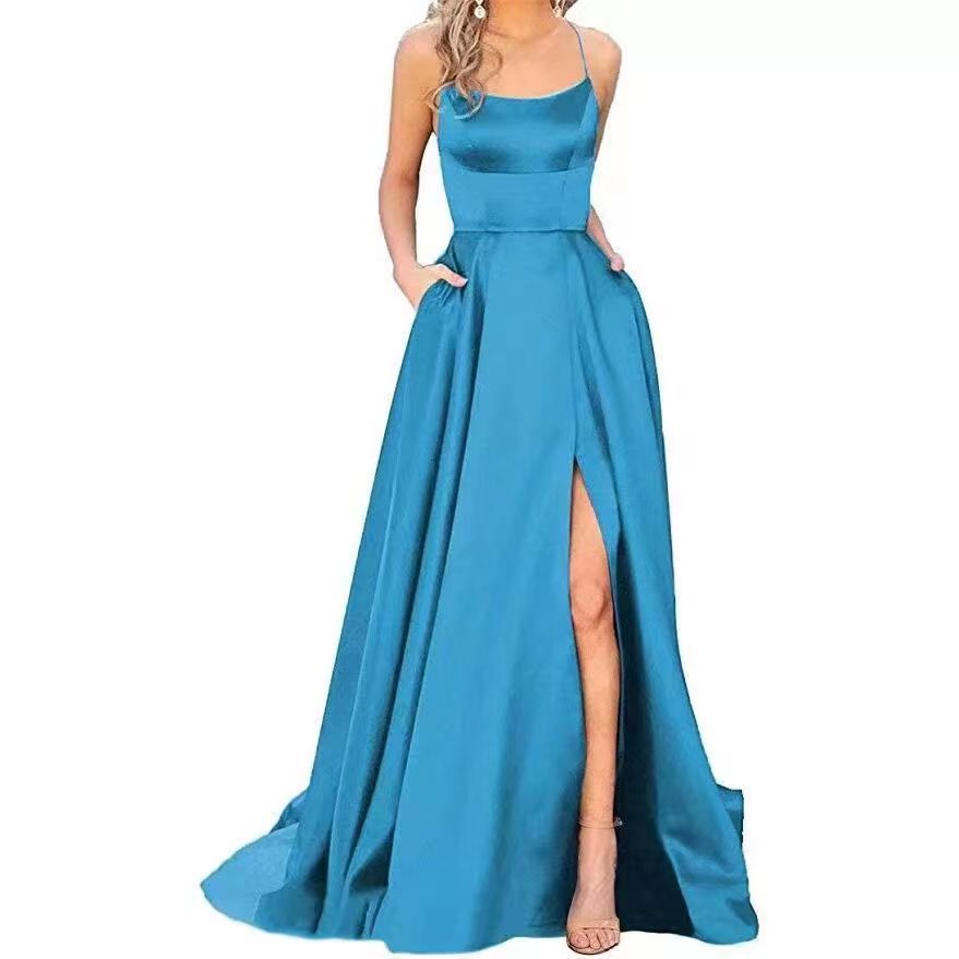 2023 Amazon European and American cross-border new bridesmaid dress long dress small tail strap solid color banquet evening dress by DERILUJA LLC