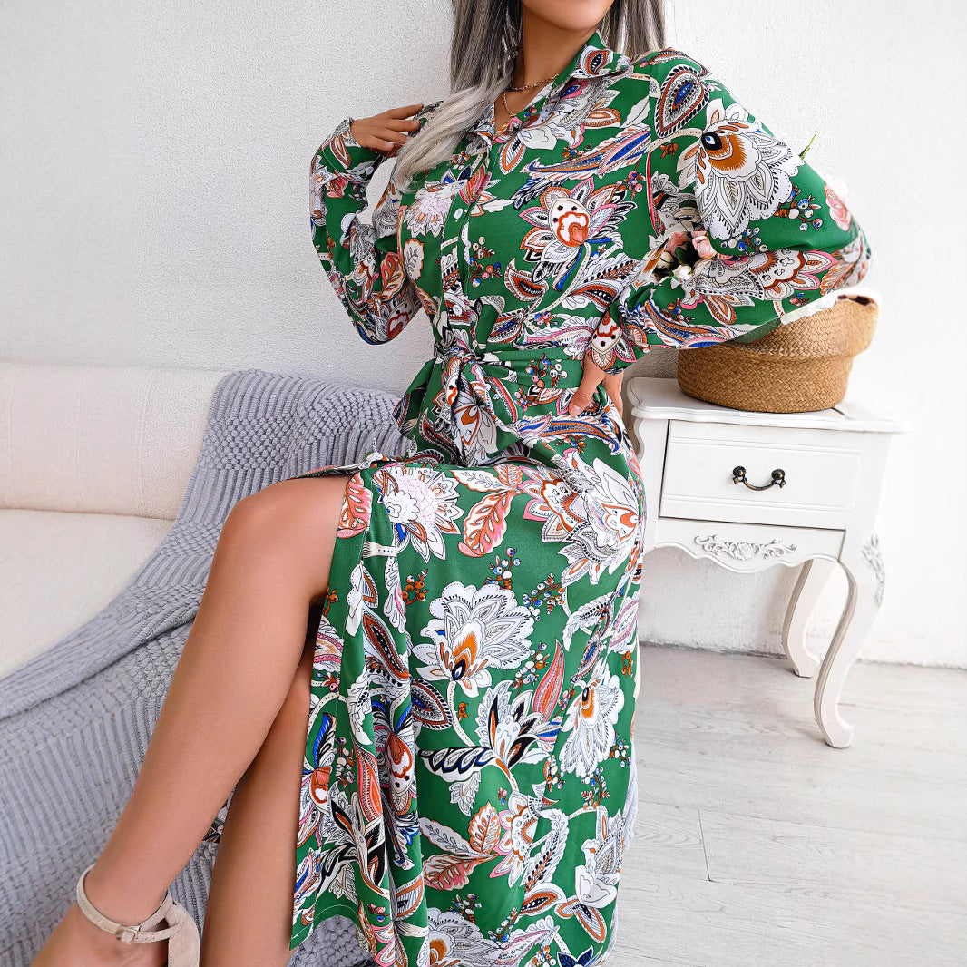 2026 Spring/Summer European and American Retro Floral Lapel Tie Shirt Dress Long Dress Amazon Cross-Border Women's Clothing by DERILUJA LLC