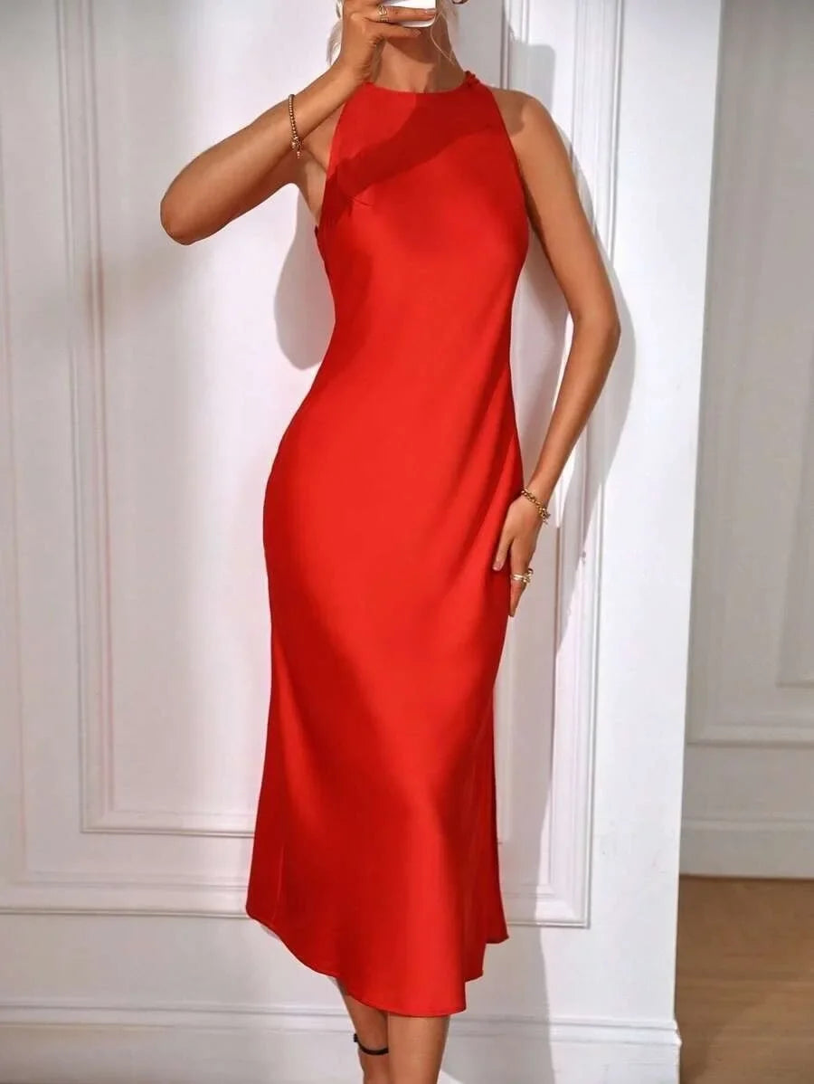 European and American Cross-Border Amazon Satin Dress Women's Spring and Summer Sleeveless Slit Satin Imitation Silk Long Skirt by DERILUJA LLC