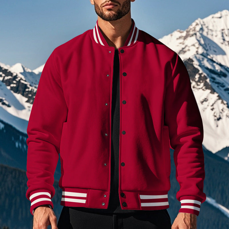 Cross-Border Men's Autumn and Winter Fleece American Retro Baseball Jacket Loose Casual Stand Collar Single-Breasted Men's Coat by DERILUJA LLC