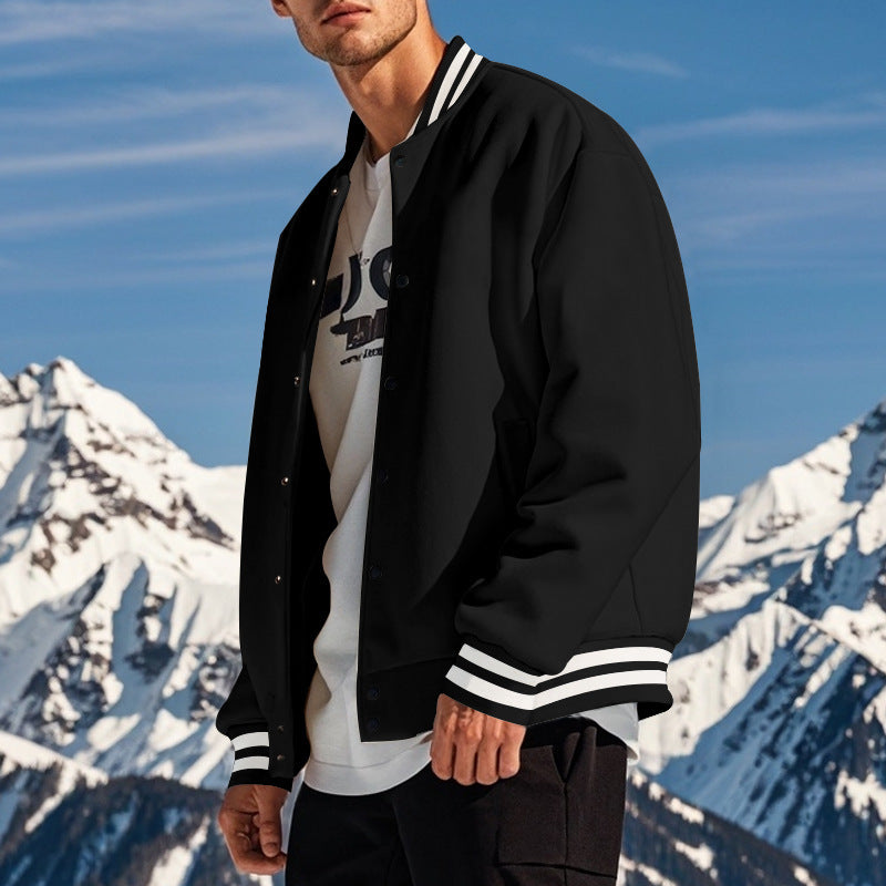 Cross-Border Men's Autumn and Winter Fleece American Retro Baseball Jacket Loose Casual Stand Collar Single-Breasted Men's Coat by DERILUJA LLC